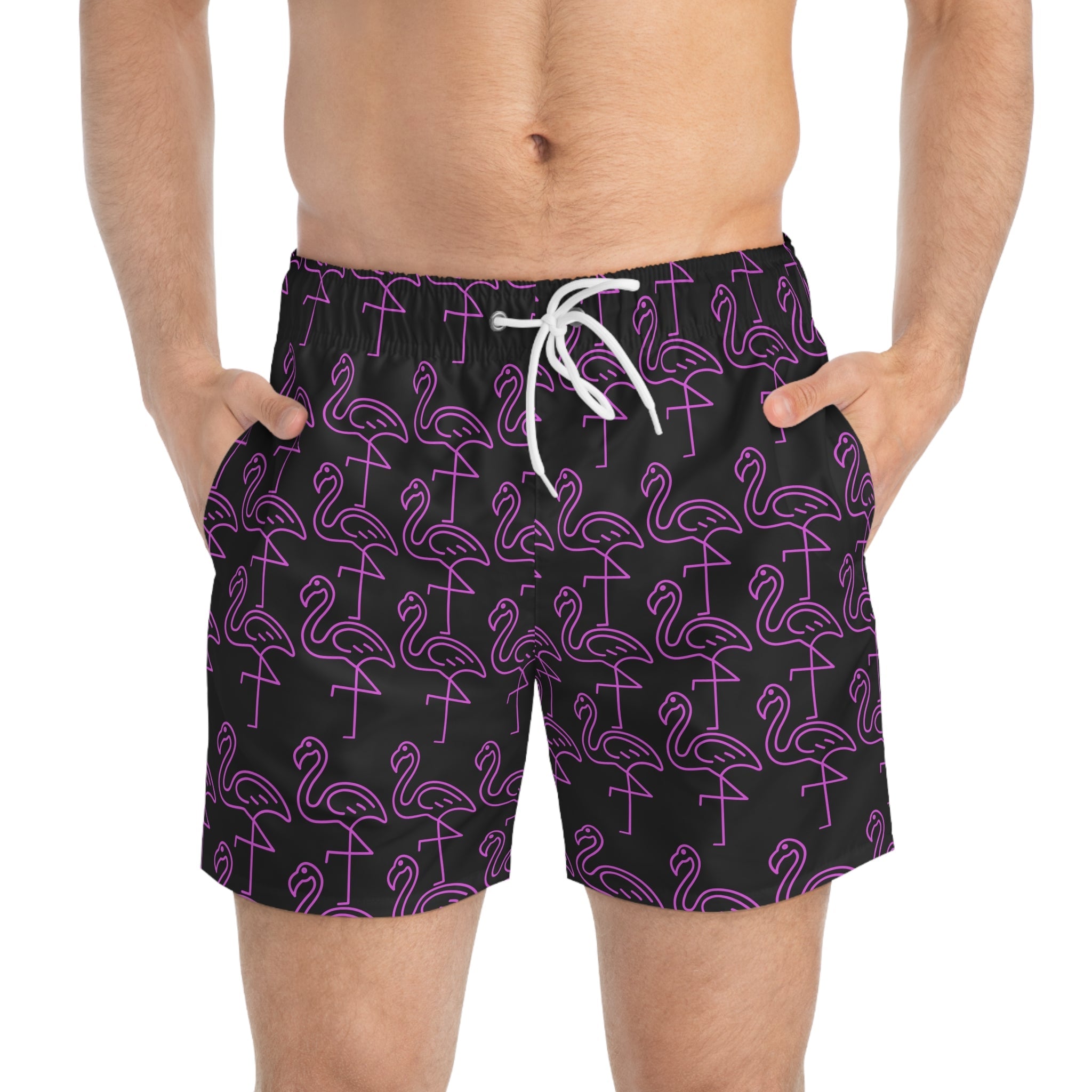Flamingo Print Swim Trunks, Fun Beach Shorts, Summer Swimwear, Vacation Essentials, Pool Party Gear, Resort Wear - The Revival Rack