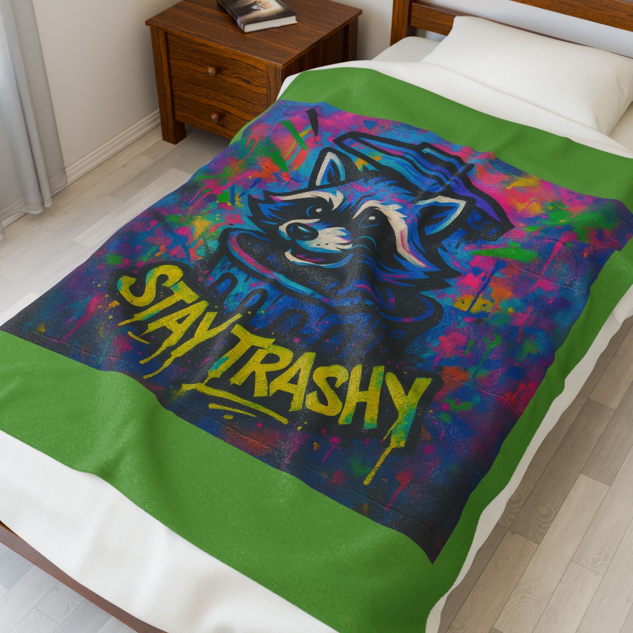 Velveteen Plush Blanket — Colorful Raccoon "Stay Trashy" Throw Blanket - Aura