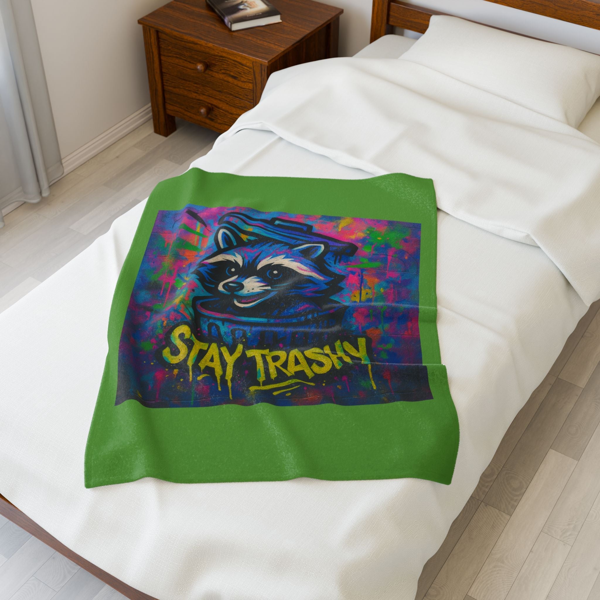 Velveteen Plush Blanket — Colorful Raccoon "Stay Trashy" Throw Blanket - Aura